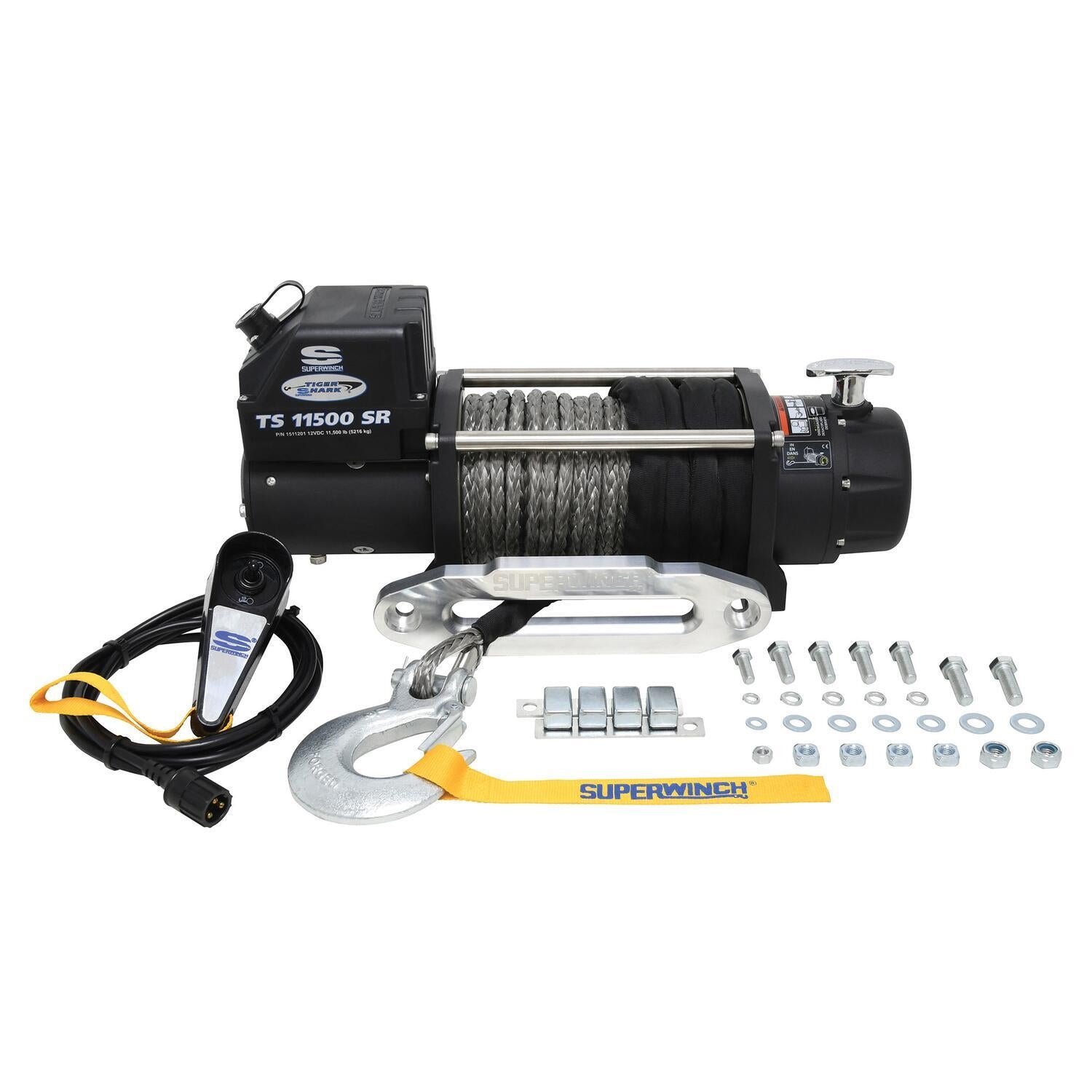 Tiger Shark 11500SR 11500lb 12V DC Winch with Synthetic Rope Black - 1