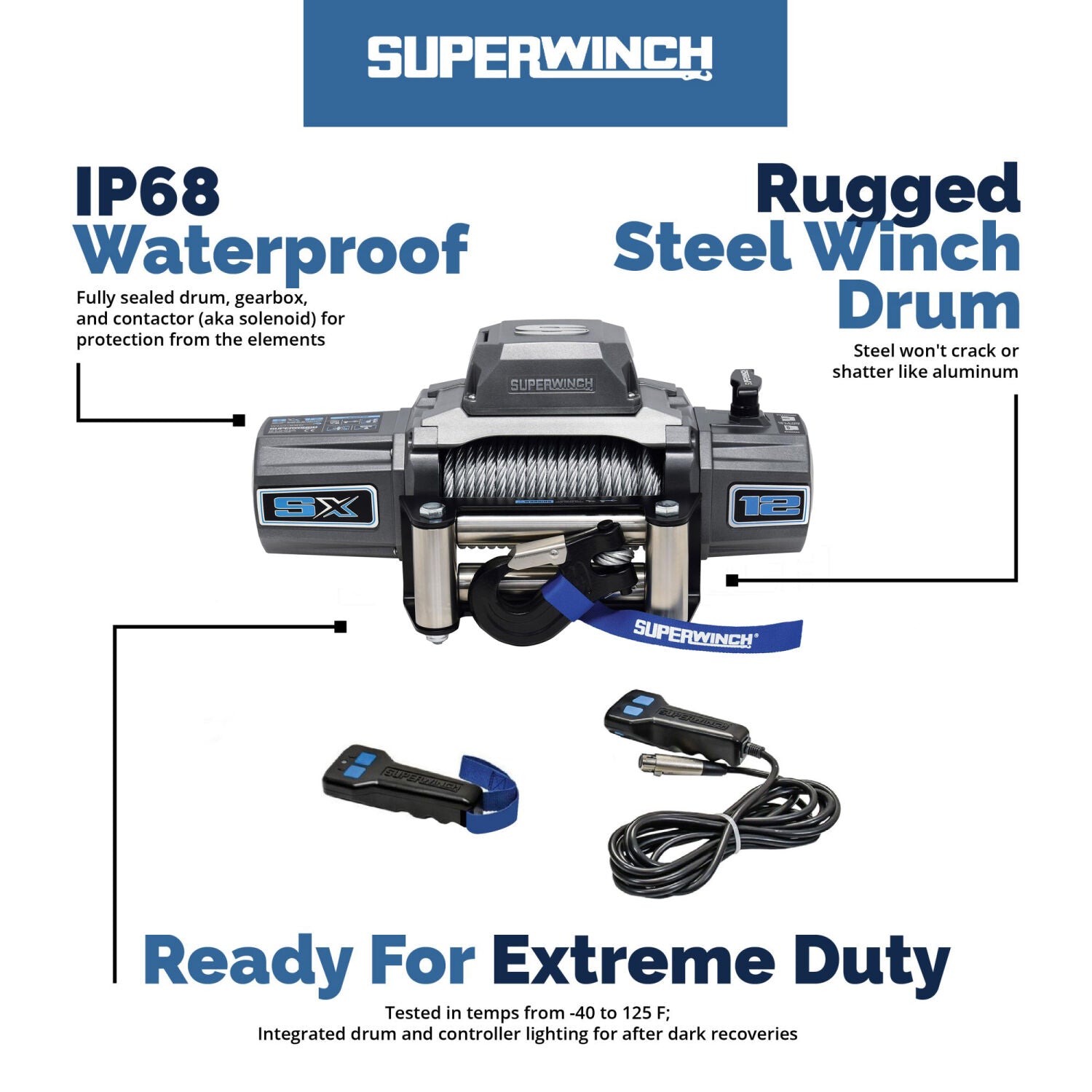 SX12 12000lb 12V DC Winch with Steel Wire Rope Graphite - 1712200